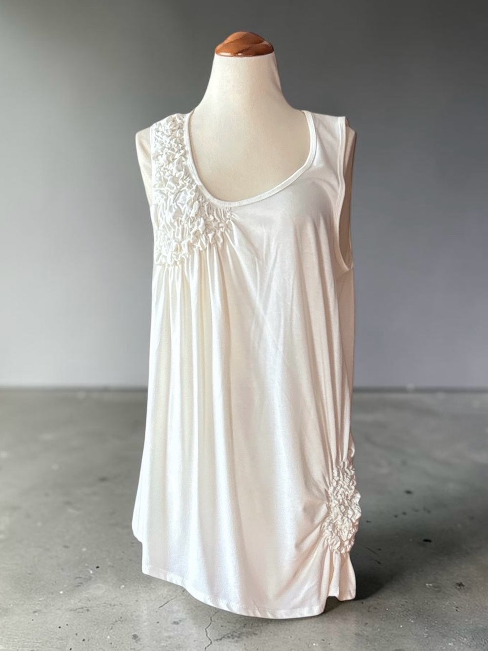 August Silk Off White  Sleeveless Scoop Neck Tank with Rosette Accents